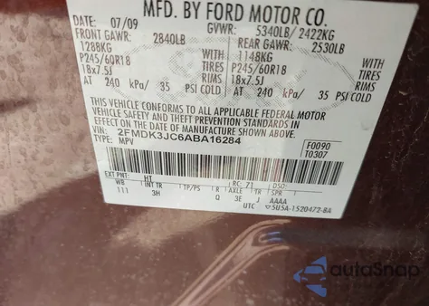 2010 Ford Edge Sel из США, поврежденный, VIN 2FMDK3JC6ABA16284